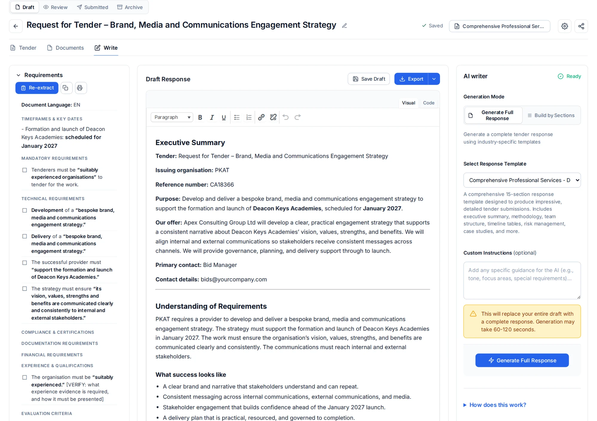 TenderPipe AI Workspace: the tender's requirements checklist, a drafted response and the AI writer on one screen