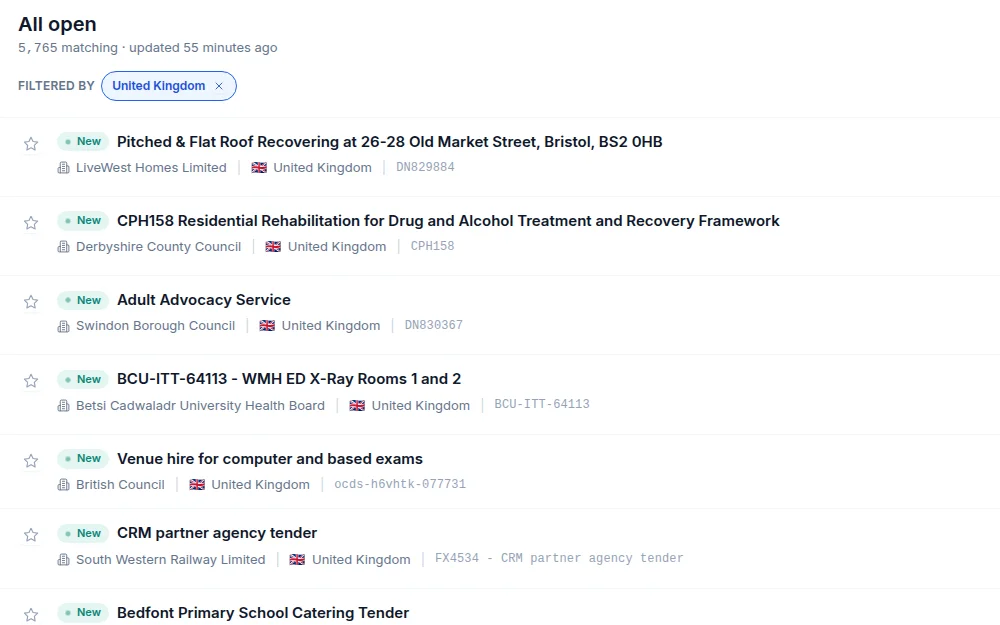 The TenderPipe feed: open notices in a list with filters for country, sector and closing date.