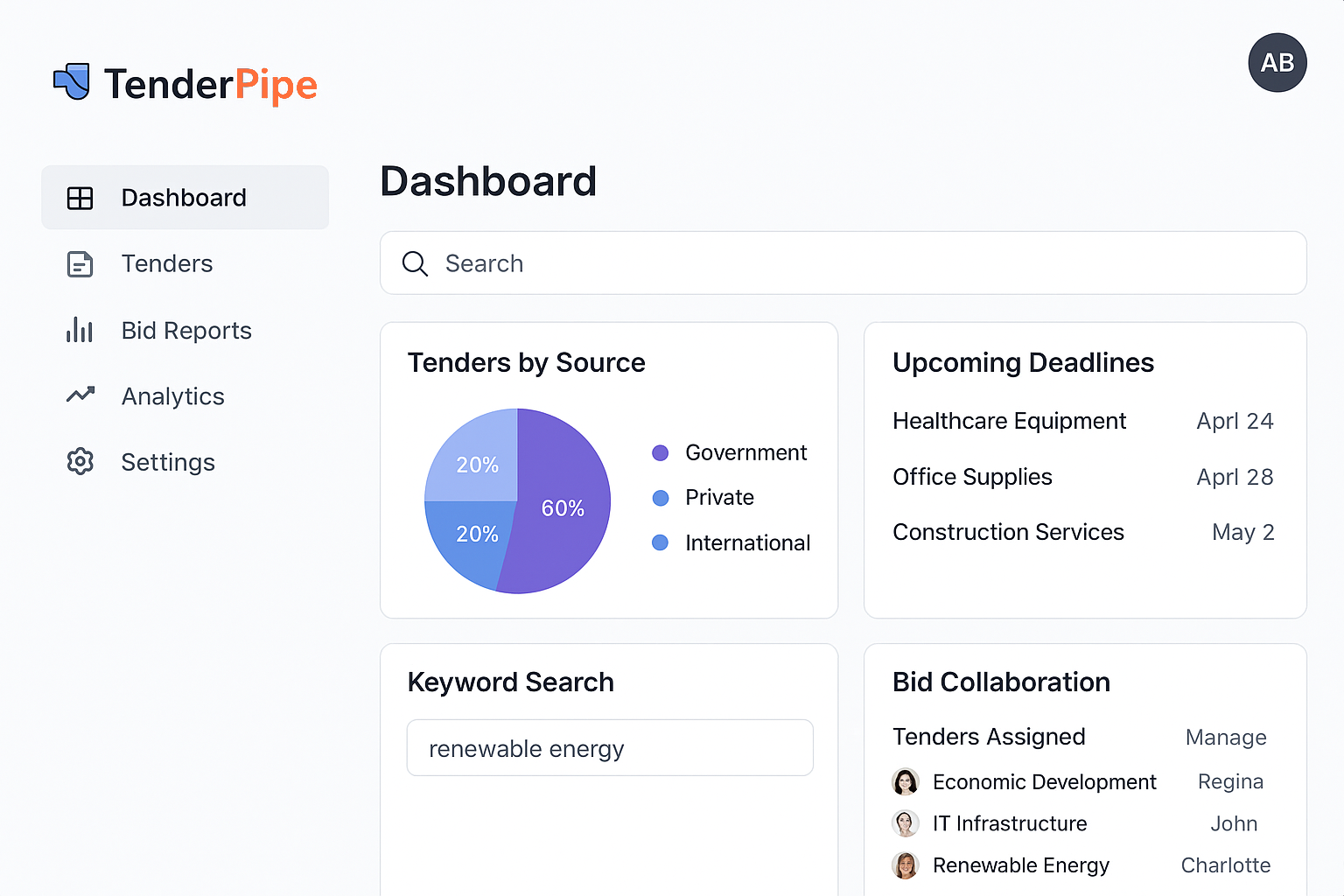 TenderPipe Dashboard Preview - Real-time tender tracking interface